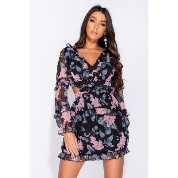 Floral Long Sleeve V-Neck Open Tie Back Mini Dress - Picture 8 of 12